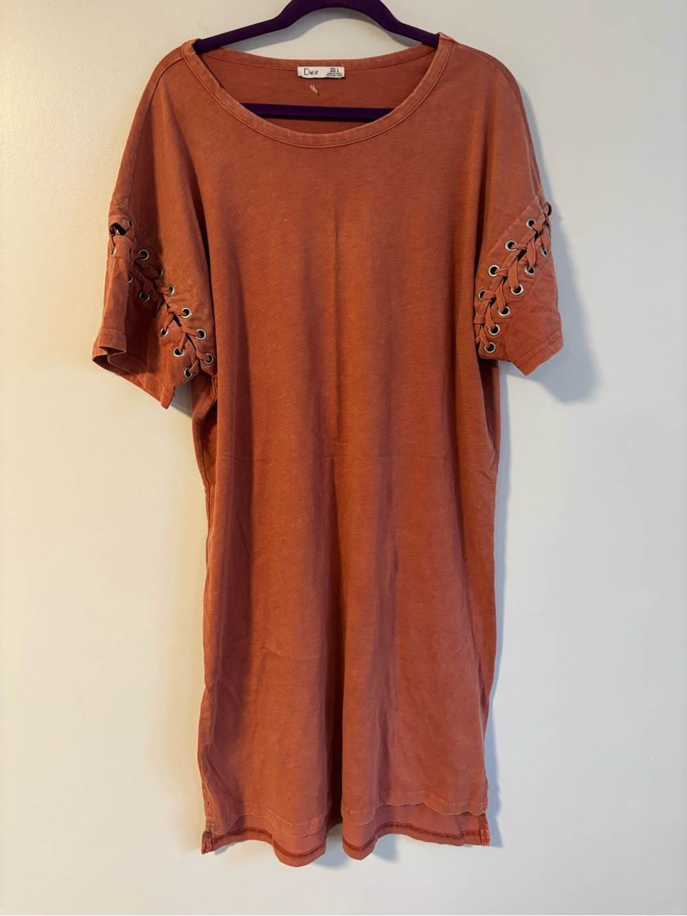 DEX Lace Up Short Sleeve Dusty Burnt Rust Sunset Orange Tunic Dress Large